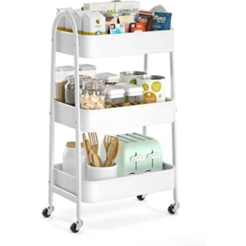 EAGMAK 3 Tier Utility Rolling Cart, Metal Storage Cart with Handle and Lockable Wheels, Multifunctional Storage Organizer Trolley with Mesh Baskets for Kitchen, Living Room, Office, Garage (White)