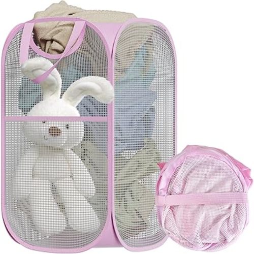 Strong Mesh Pop-up Laundry Hamper, Quality Pop Up Hampers for Laundry with Durable Handles Solid Bottom High Carbon Steel Frame, Easy to Open and Fold Flat for Storage(Light Pink)