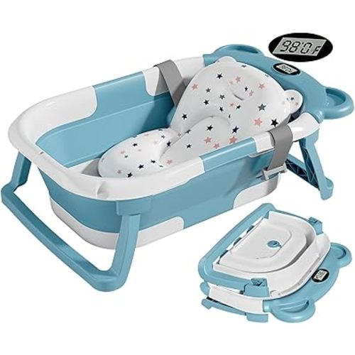 TPN Collapsible Baby Bathtub for Infants to Toddler with Real-time Temp Monitor+Floating Cushion,Foldable Baby Bath Tub Set Applicable 0-36 Month,Perfect Portable Travel Baby Tub for Newborns Boy