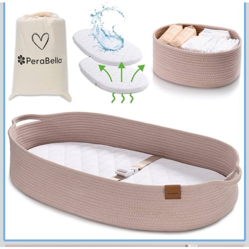 PeraBella XL Baby Changing Basket for Dresser Top, Moses Baskets for Newborn, Portable Baby Diaper Changing Pad Table Topper for Dresser, Moses Bassinet Mat with Waterproof Pad Cover and Diaper Caddy