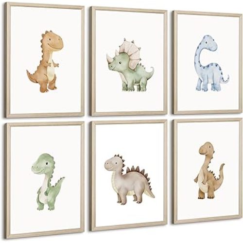 Dinosaur Nursery Wall Art Kids Canvas Poster Boys Room Wall Decor Watercolor Dino Wall Art Toddler Baby Pictures Dinosaur Prints Nursery Artwork for Boys Room Bedroom 12x16x6 Inch Wood Framed