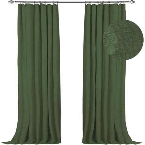 100% Blackout Shield Full Blackout Curtains for Bedroom 96 inch Length 2 Panels Set, Clip Rings/Rod Pocket Faux Linen Black Out Curtains for Living Room, Thermal Insulated, 50Wx96L, Moss Green