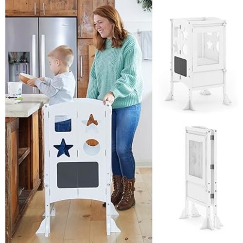 Guidecraft Classic Kitchen Helper® Stool - White with Keepers and Non-Slip Mat: Foldable, Adjustable Height Safety Cooking Tower for Toddlers with Chalkboard | Kids Learning Platform