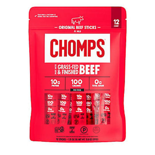 Chomps Original Beef Jerky Snack Sticks, Certified Gluten Free, Free From Top 9 Allergens, 12 ct.