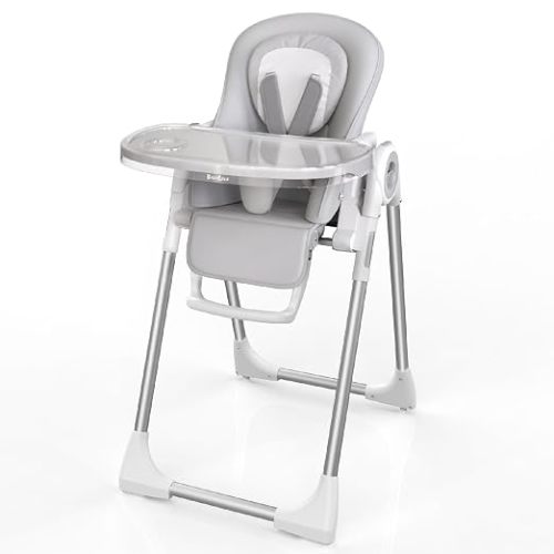 Babilous High Chair, Foldable High Chairs for Babies and Toddlers, Ultra Safe for Infant with Lockable Wheels, Easy Clean, Removable Tray/Adjustable Footrest for Baby Feeding HighChair, Grey