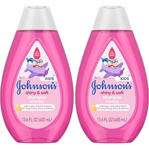 Johnson's Shiny & Soft - Champú para niños con aceite de argán y proteínas de seda, el lavado diario del cabello de los niños limpia suavemente y aumenta el brillo natural y la suavidad, sin parabenos ni sulfatos añadidos, 13.6 onzas líquidas (paquete de 