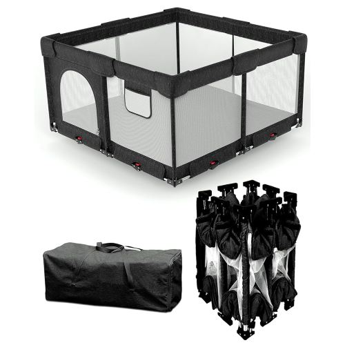 Dearlomum Foldable Baby Playpen with Non Removable Mat, Extra Large Collapsible Play Yard for Babies & Toddlers, Portable Travel Playpen, Baby Activity Center for Indoor & Outdoor Use (Black 51"×51")