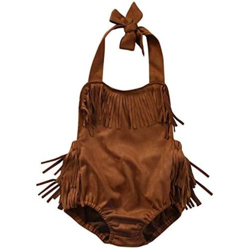 Infant Baby Girl Fringe Faux Suede Romper - Western Style Halter Sunsuit, Adjustable Straps