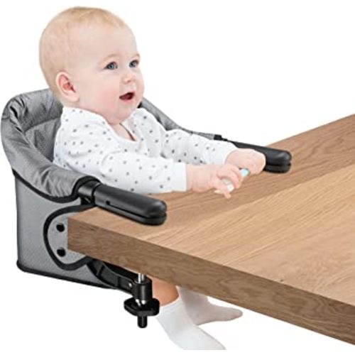 Hook On High Chair, Clip on Table Chair w/Fold-Flat Storage Feeding Seat -Attach to Fast Table Chair for Home and Travel (Grey)