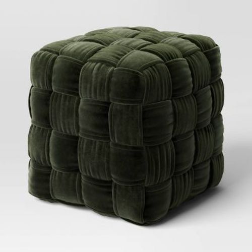 Square Woven Pouf Ottoman Green Velvet - Threshold™: Upholstered Cotton & Polyester, No Assembly Required