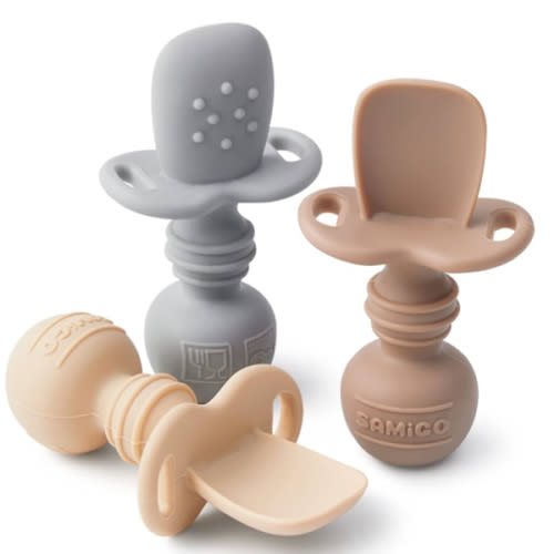 SAMiGO Silicone Baby Spoons Self Feeding 6+ Months - Infant Toddler Utensils - First Stage Baby Led Weaning Feeding Supplies - Set of 3 Pack