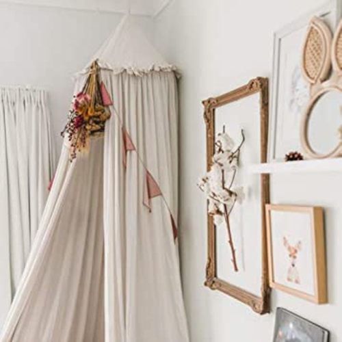 MAMERIA Kids Bed Canopy with Frills Cotton Hanging Tent Curtain Net for Reading Nook Hideaway Bedding Play Room Decor (Beige)