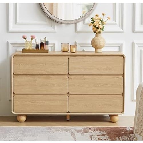 AVZEAR 6 Drawer Dresser for Bedroom, 48" Modern Wooden Dresser Chest of Drawers, Curved Profile Design, Closet Clothes Storage Organizer for Kids Bedroom, Living Room, Nursery, Natural Color