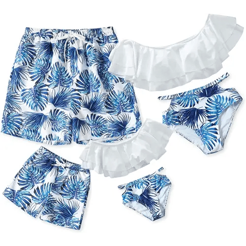 IFFEI Family Matching Swimwear Two Pieces Bikini Set Newest Printed Ruffles Mommy and Me Bathing Suits