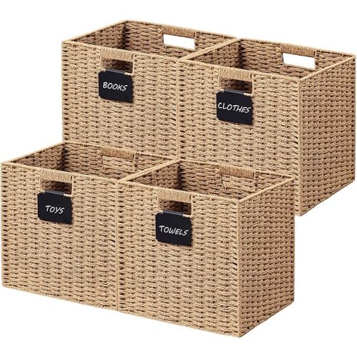 COLOR: Light Brown, SIZE: 4pk - 12x12 | UBBCARE 4 Pack Wicker Basket, 12×12 Storage Cubes with Label, Foldable Cube Storage Bin with Handle, Square Storage Basket for Shelves, Woven Paper Rope Basket for Organizing, Dark Green
