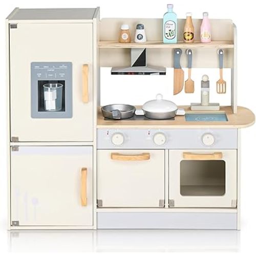 Ktaxon Wooden Play Kitchen for Kids, Pretend Kitchen Playset with Toy Ice Maker, Storage Space & Cooking Set Accessories for 3+ Years Old Girls and Boys