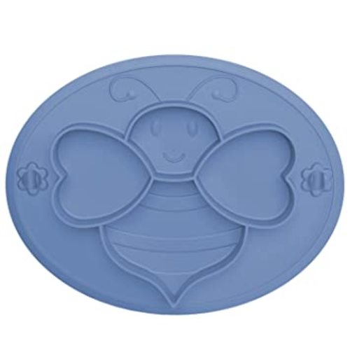 Toddler Plates with Suction - Silicone Cute Bee Baby Divided Plate - Self Feeding Kid Dish for Tables Highchairs Trays - Dishwasher and Microwave Safe (Dark Blue)