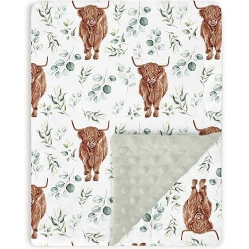 Highland Cow Baby Blankets for Girl Boy 30" x 40", Green Eucalyptus Leaf Soft Double Layer Minky Blanket Dotted Fleece Back, Nursery Bed Receiving Quilt Newborn Infant Toddler Shower Gift
