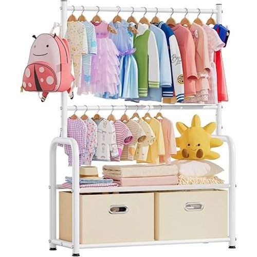 Kids Clothes Rack with 2 Tier Storage Racks and 2 Adjustable Hanging Poles, Small Baby Closet Organizer for Hanging Clothes, Kids Dress-Up Rack (Upgrade, White)