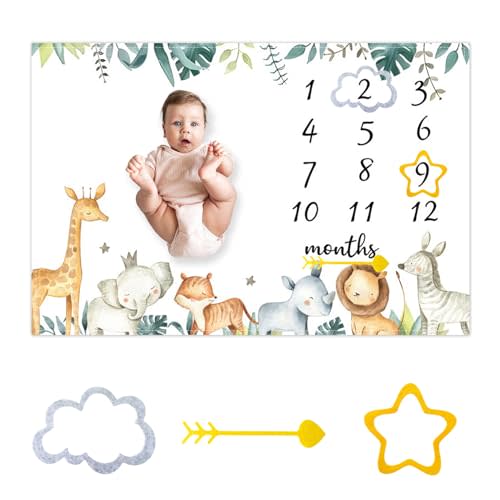 CSFOTO Jungle Animals Baby Monthly Milestone Blanket Tropical Plants Safari Themed Newborn Photography Props Neutral Personalized Shower Present Boys and Girls Recording Blanket 60"x40" with Frame