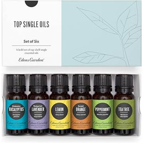 Edens Garden Top Essential Oils 6 Set – 100% Pure Therapeutic Grade, Undiluted: Lavender, Peppermint, Eucalyptus, Tea Tree, Lemongrass, Sweet Orange – Aromatherapy Oil for Diffusers, 10 ml/ 6 Pack