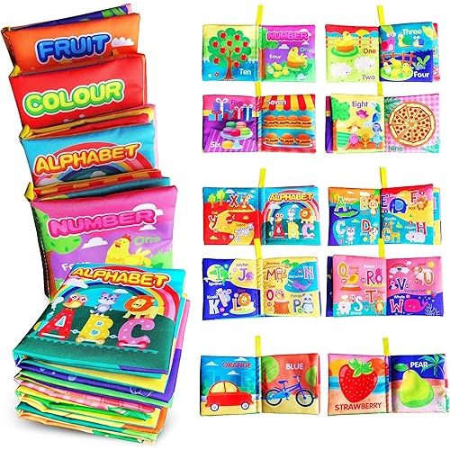 Soft Cloth Baby Book Toy 0-6 Months, Baby Learning Book(ABC-Z,1-10,Colour,Fruit,4 Pack),Touch and Feel Crinkle Book Infants 6-18 Months,Early Educational Toy 0-3, Gift for Babies Infants