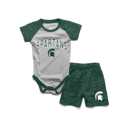 Wes and Willy Michigan State Spartans Infant Green Cloudy Yarn SS Short Set Top and Bottom