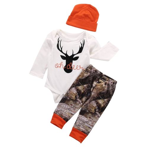 Newborn Baby Boys Long Sleeve Letters Deer Romper Bodysuit Tops Camo Pants with Hat 3 Pcs Outfit Clothes Set