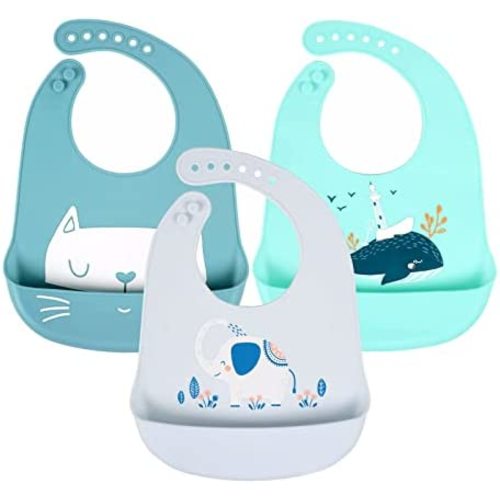 Baby Silicone Feeding Bibs, 3pcs Adjustable Waterproof Bibs for Feeding