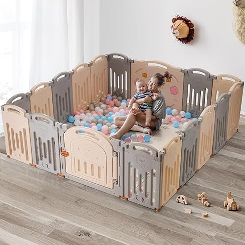 UANLAUO Baby Playpen 18 Panel Foldable Playpen for Babies and Toddlers, Indoor & Outdoor Baby Fence Play Area, Easy to Assemble, Portable Baby Play Yards, Toddlers and Kids(Grey+Cream)