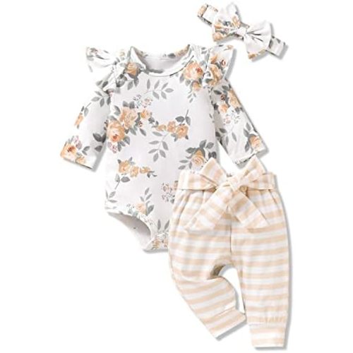 Aalizzwell Preemie Newborn Infant Baby Girls Clothes Ribbed Romper Bodysuit Pants Set Fall Winter Outfits