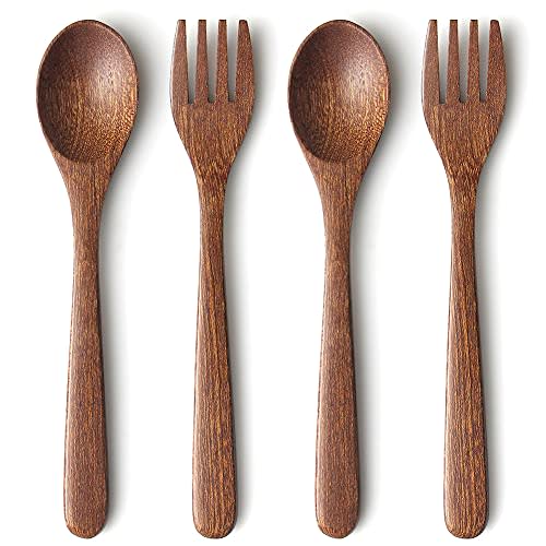 YFWOOD 4-Pieces Natural Wooden Kids Utensils Set, Child Forks and Spoons, Toddler Safe Flatware Hand polishing Anti-slip Portable and ultra light