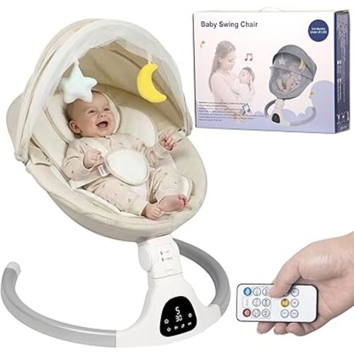 JFOVMCYG Electric Baby Swing for Infants 0-9 Months, Portable Infant Swing with 5 Swing Speeds, Bluetooth Audio, Remote Control, Washable Seat Cover, Lvory White, Up to 20 lbs