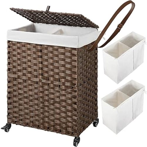 Greenstell Laundry Hamper with Wheels, No Install Needed, 90L Divided Handwoven Hampers & 2 Removable Liner Bags, Synthetic Rattan Clothes Laundry Basket with Lid & Handles, Foldable Hampers Brown