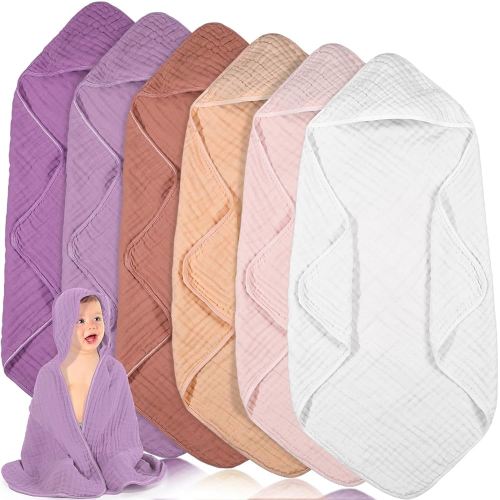 Peryiter 6 Pcs Muslin Hooded Baby Towels, 32"x 32" Cotton Newborn Bath Towel Muslin Infant Baby Blankets Absorbent Unisex Newborn Registry Gift Essentials for Girls Boys (Purple)