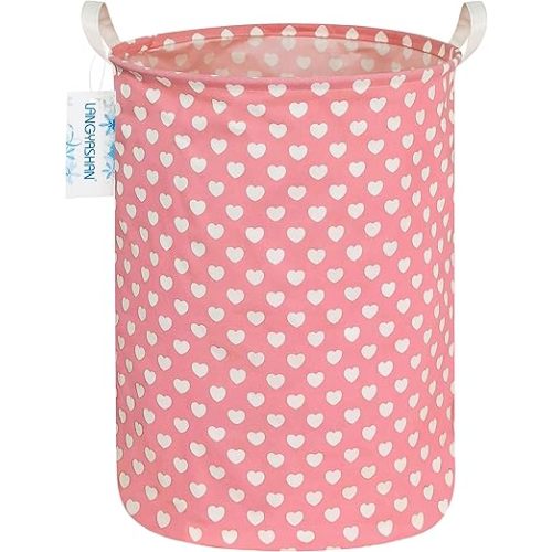 LANGYASHAN Laundry Basket Canvas Fabric Collapsible Organizer Basket for Storage Bin Toy Bins Gift Baskets Bedroom Clothes Children Nursery Hamper (pink heart)