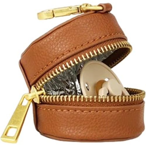 FAWN DESIGN The Paci Case, Brown Pacifier Holder, Premium Pebbled Faux Leather Paci Holder, Insulated Pacifier Case with Zipper and Clip, Fits Most Standard Size Pacifiers, 2.25 x 2.25 inches