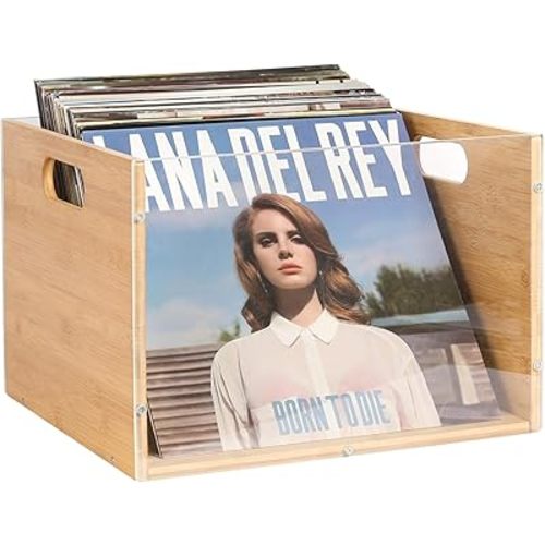 Record Album Storage Crate, Bamboo & Acrylic Vinyl ​Record Crate, Multifunctional Visible Record Holder Crate with Handle, Great for Storing Vinyl ​Record LP's/Albums Hanging Letter Size Folders Toy