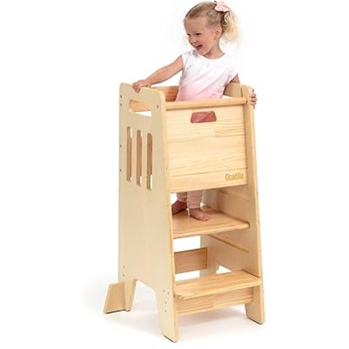 OCODILE Toddler Tower with a Sliding Door and 3 Adjustable Heights - Complete Toddler Kitchen Stool Helper with Support Feet - Safe Design for 18+ Months to 6-Year-Old Kids - Varnished