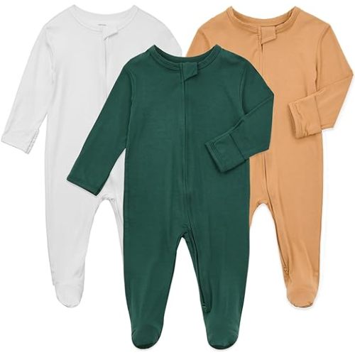 Aablexema Baby Pajamas Bamboo Rayon Zipper, 3pcs Unisex Infant Outfit with Mitten One Piece Footie Sleepwear