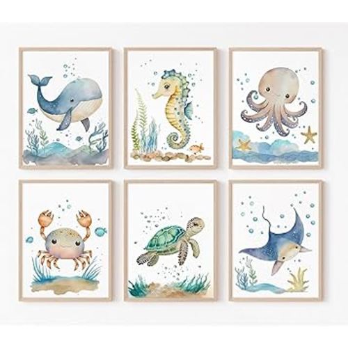 Wodkwq Nursery Wall Art Sea Animal Canvas Prints Baby Girl Boy Room Decor Watercolor Paintings Pictures Cute Ocean Theme Toddler Room Decoration Set of 6 for Kids Bedroom Bathroom 8x10in Unframed