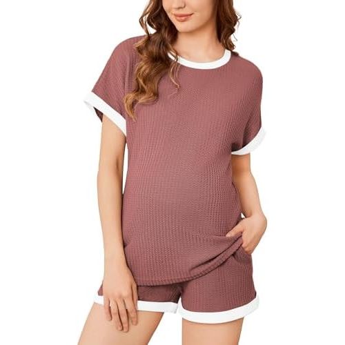 Ekouaer Women's Waffle Knit Maternity Pajamas 2 Piece Outfits Short Sleeve Tops and Shorts Loungewear Set Pregnancy Clothes
