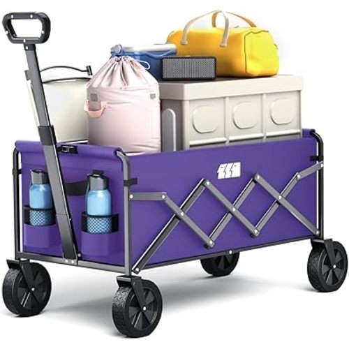 Collapsible Foldable Wagon, Foldig Cart with Wheel Heavy Duty with 180lbs Weight Capacity Lightweight Utility Camping Wagon for Groceries Garden Beach Sports Fishing (Purple)