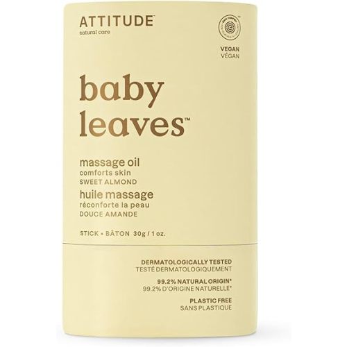 ATTITUDE Plastic-Free Massage Oil Bar for Baby, EWG Verified, Dermatologically Tested, Made with Naturally Derived Ingredients, Vegan, Sweet Almond, 1 Ounce