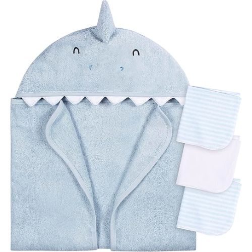 Gerber Baby 4 Piece Animal Character Hooded Towel and Washcloth Set, Blue Shark, One Size