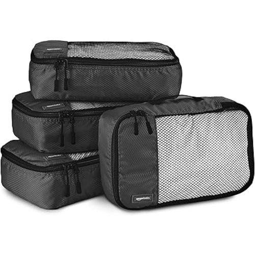 Amazon Basics Small Packing Cubes for Travel, Packing Organizers, 4-Piece-Set With Double Zipper Pulls and Mesh Top Panel, 100% Durable Polyester, Black, 11"L x 6.8"W x 3"H