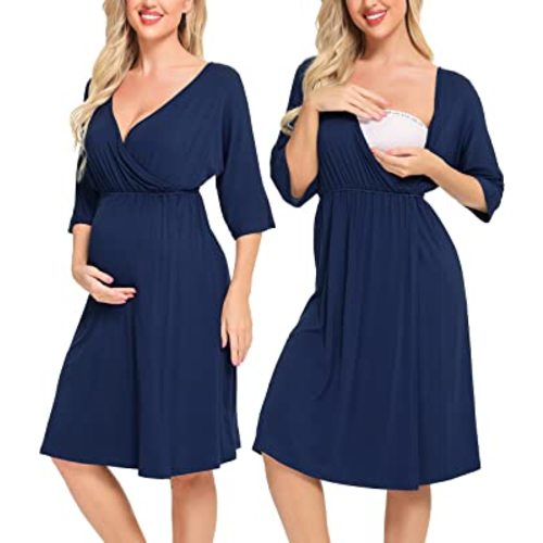 SWOMOG Women 3 in 1 Delivery/Labor/Nursing Nightgown Short Sleeve Pleated Maternity Sleepwear for Breastfeeding
