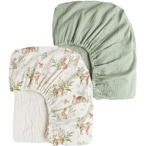 Konssy Muslin Crib Sheets 2 PCS, 100% Cotton Baby Crib Sheets for Standard Crib Mattress (28"x 52"), Soft and Breathable for Boys, Girls (Woodland,Sage)