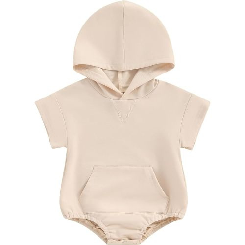 AEEMCEM Newborn Baby Boy Girl Clothes Solid Color Oversized Short Sleeve Hooded Romper Bubble Onesie Neutral Summer Outfit