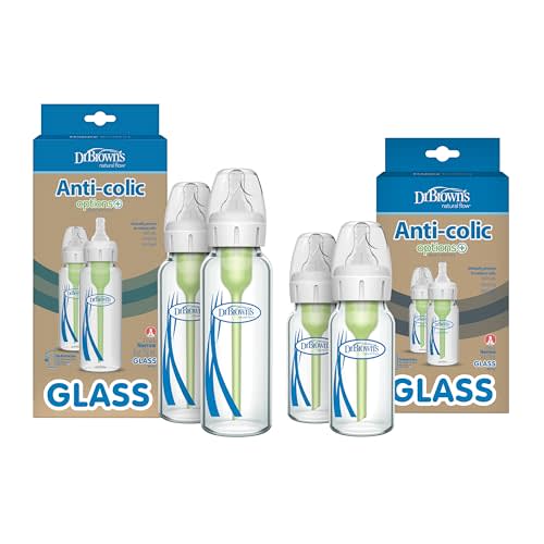 Dr. Brown's Natural Flow Anti-Colic Options+ Narrow Glass Baby Bottles, Made in The USA, BPA Free, 8oz and 4oz, 0m+, 4-Pack